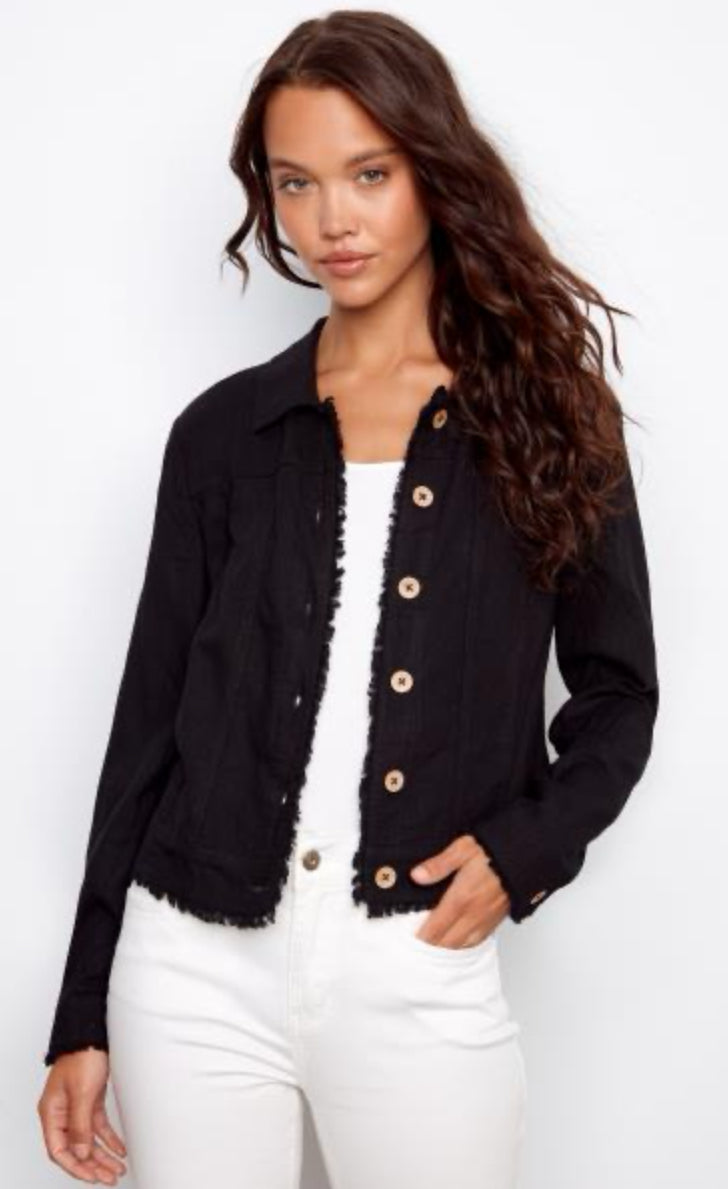 Black Linen Jacket W/Frayed Hem