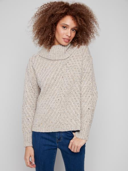 Cowl Neck Diagonal Cable Sweater