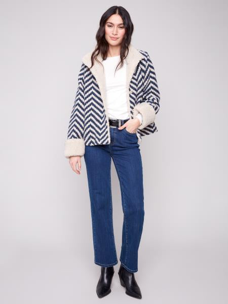 Chevron Boucle Short Jacket W/Sherpa Trim