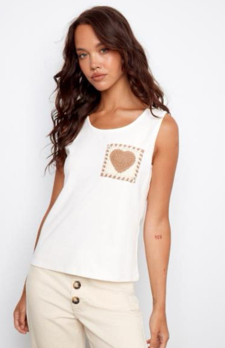 Interlock Knit Tank Top W/Crochet Patch Pocket
