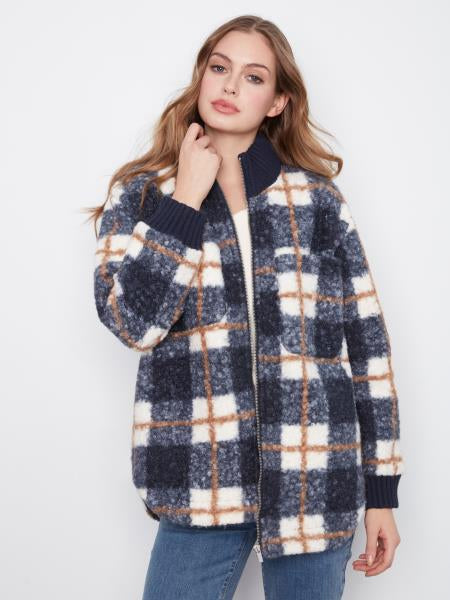 Zipper Front Plaid Boucle Jacket