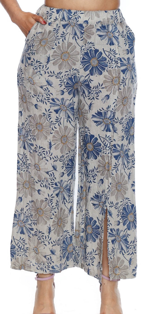 Floral Pattern Flowy Pant W/Front Slit
