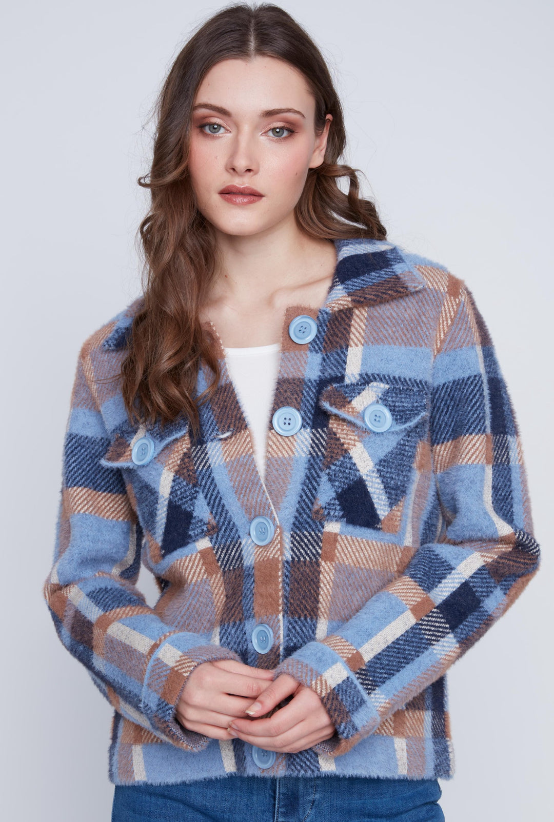Steel Blue Plaid Button Jacket