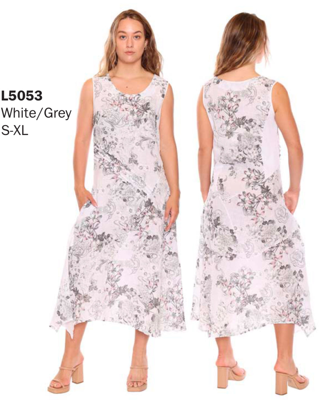 White/Grey Floral Wide Strap Dress