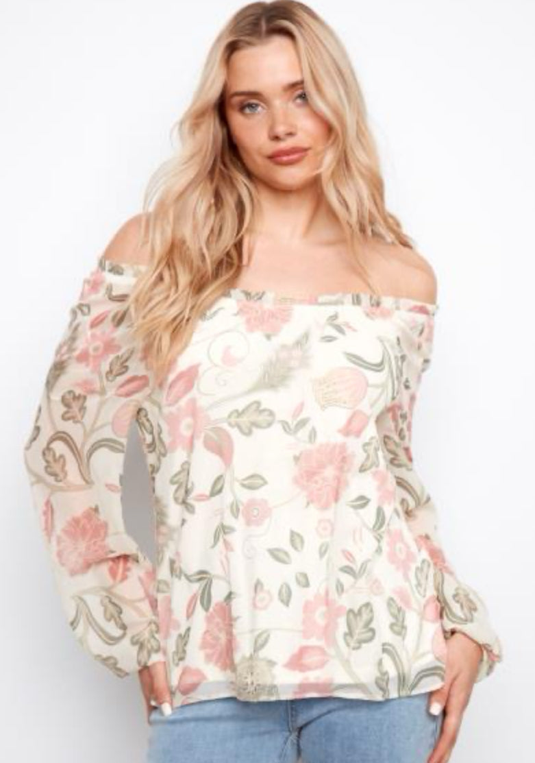Printed Balloon Sleeve Off The Shoulder Blouse
