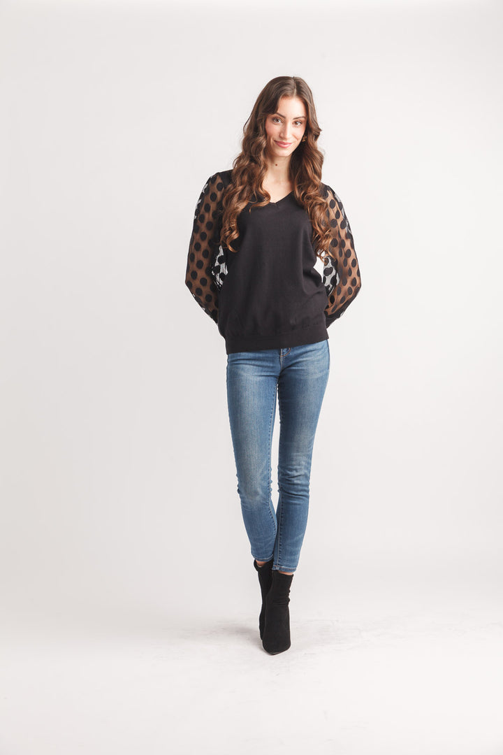 V-Neck W/Mesh Polka Dot Sleeve Top