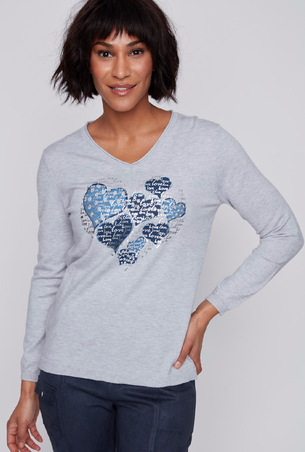 Long Sleeve “Heart” Silver & Blue Top