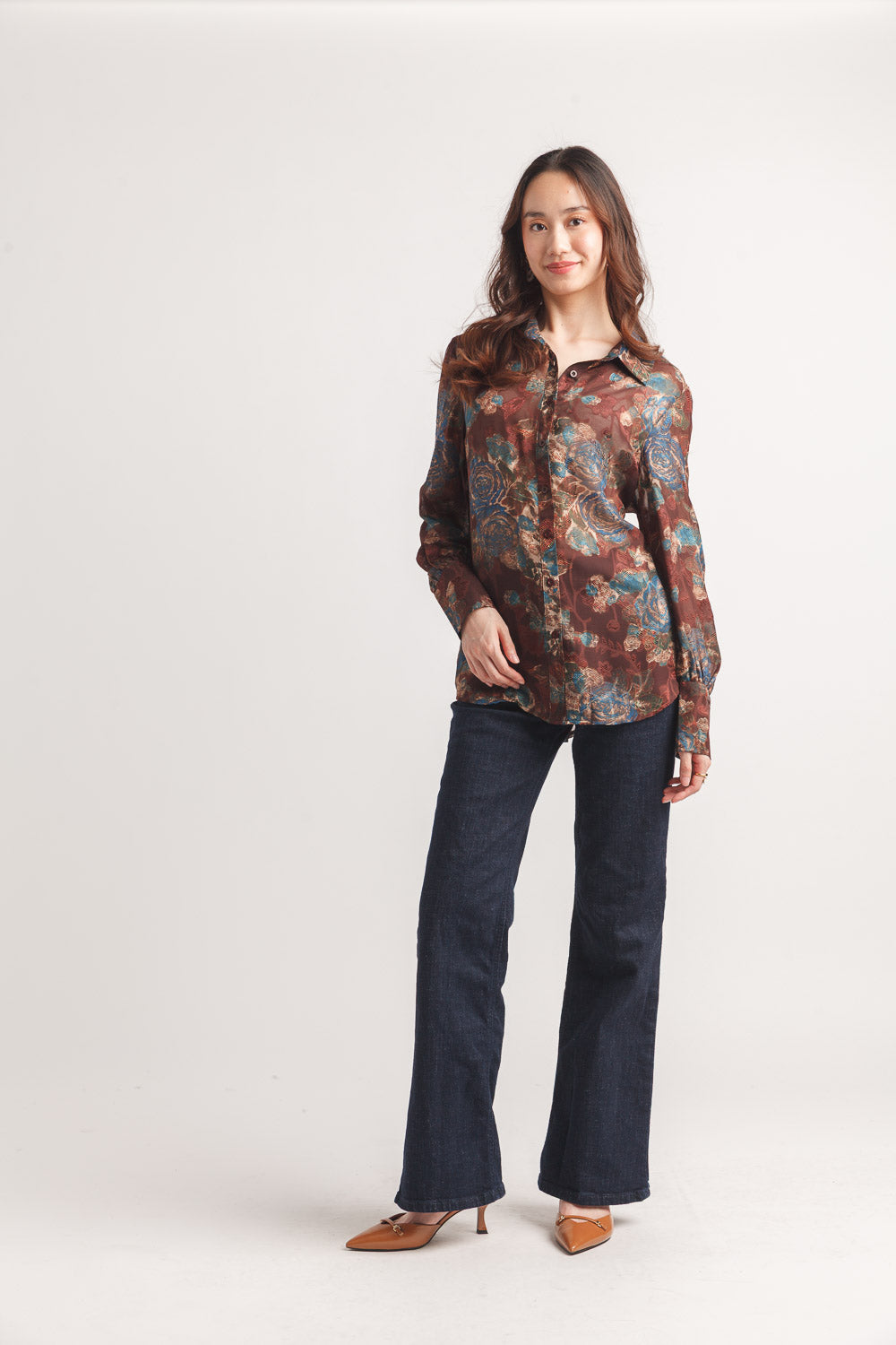Floral Satin Burnout Collared Blouse