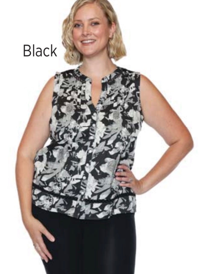 Sleeveless Patterned Blouse W/Front Buttons