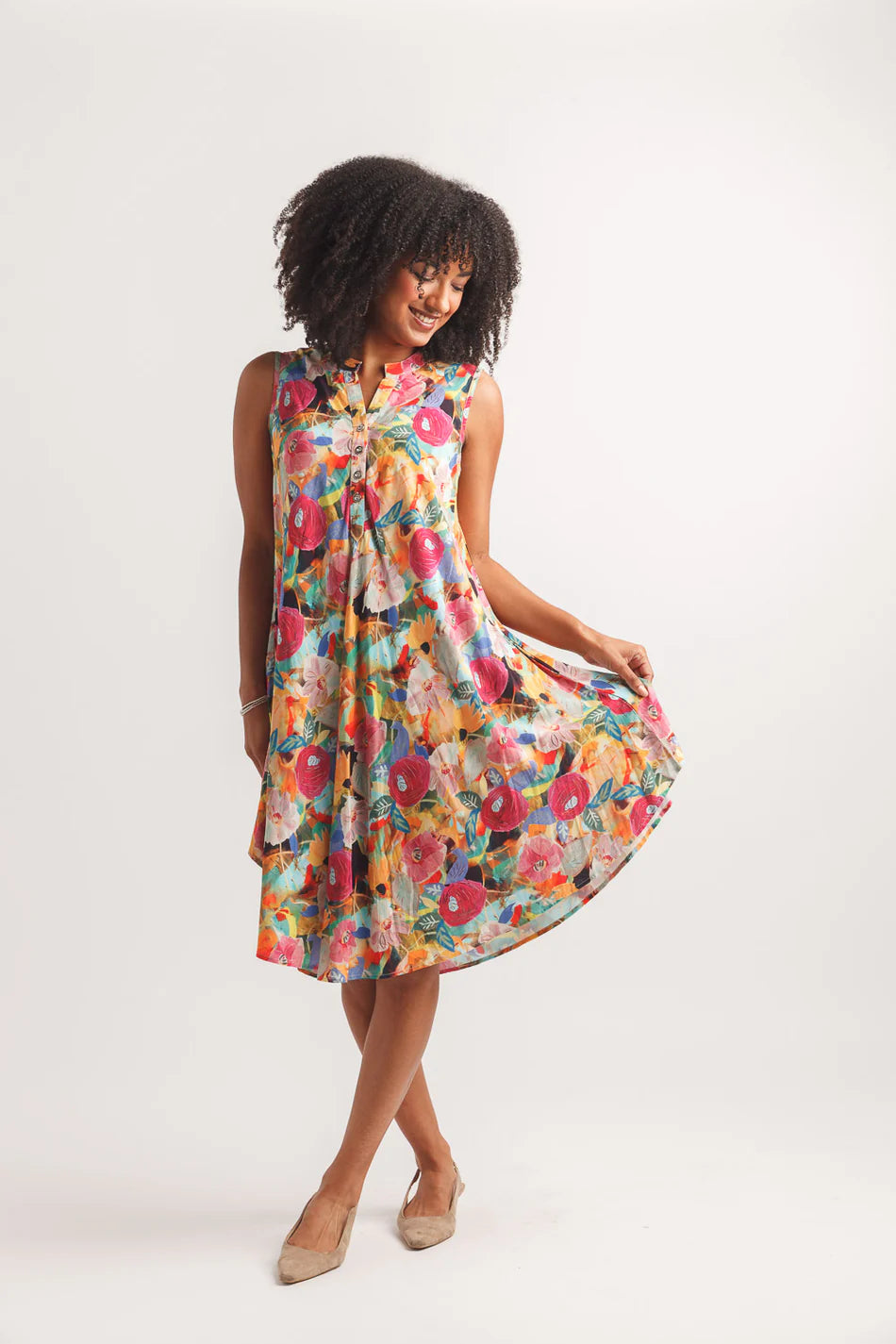 Abstract Floral Henley Swing Dress