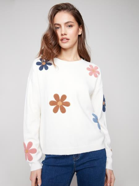 Plush Sweater W/ Boucle Flowers