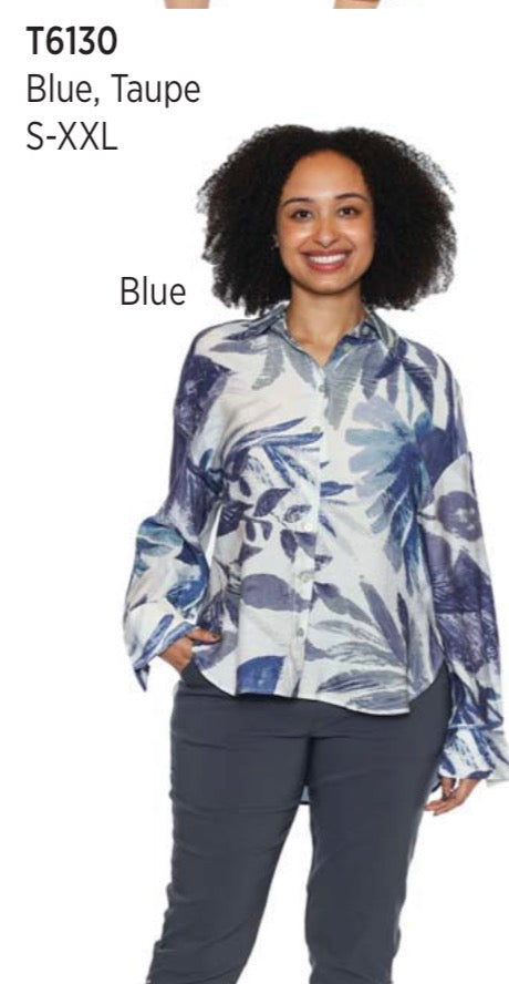 Long Sleeve Collared Blue Patterned Blouse