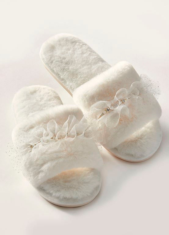 White Plush Bedazzled Slipper