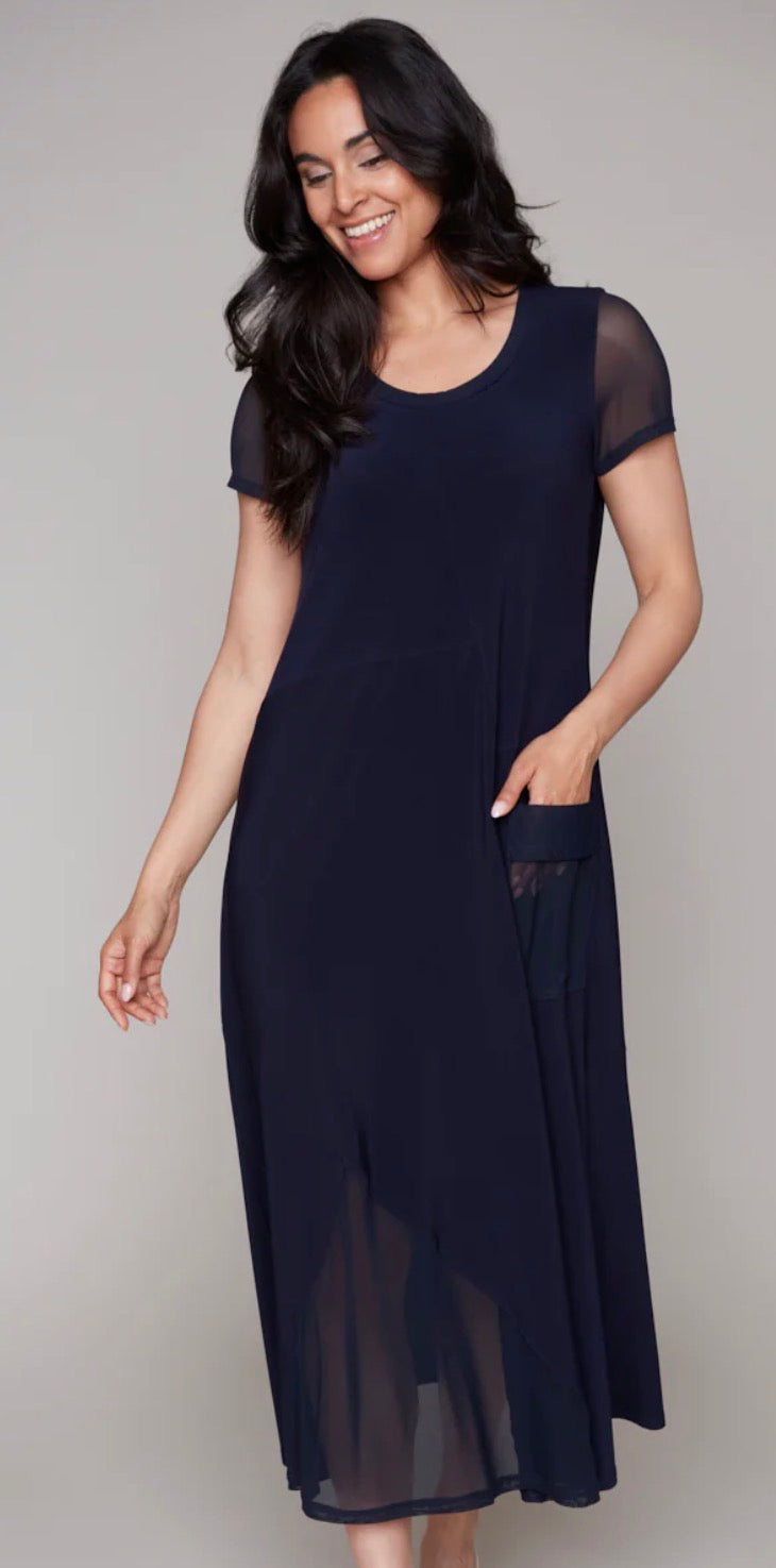 Navy Flowy Mesh Sleeve Dress