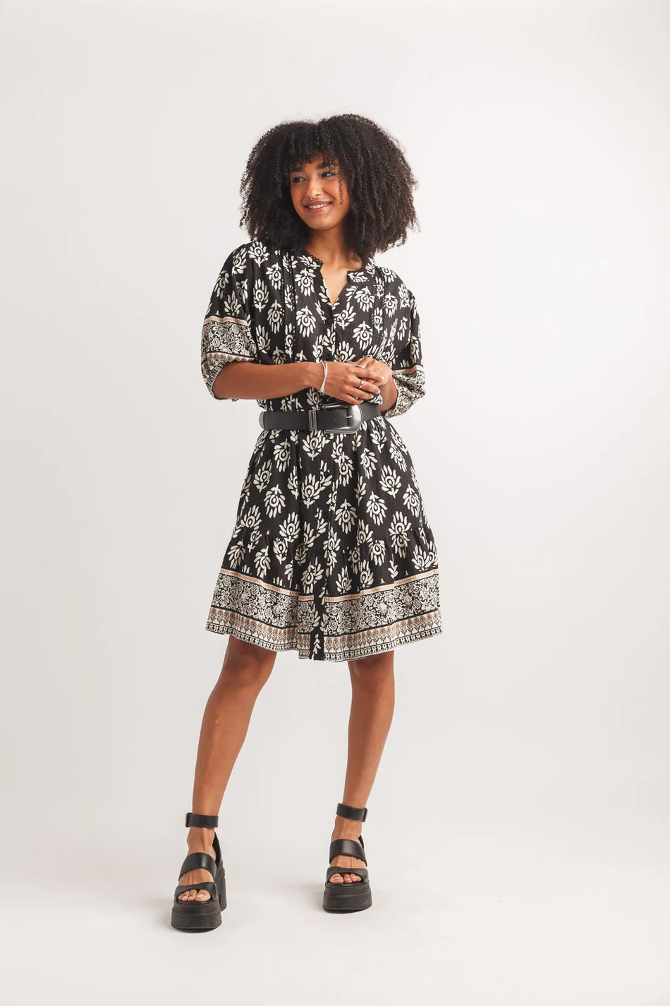 Damask Border Print Short Sleeve Dress