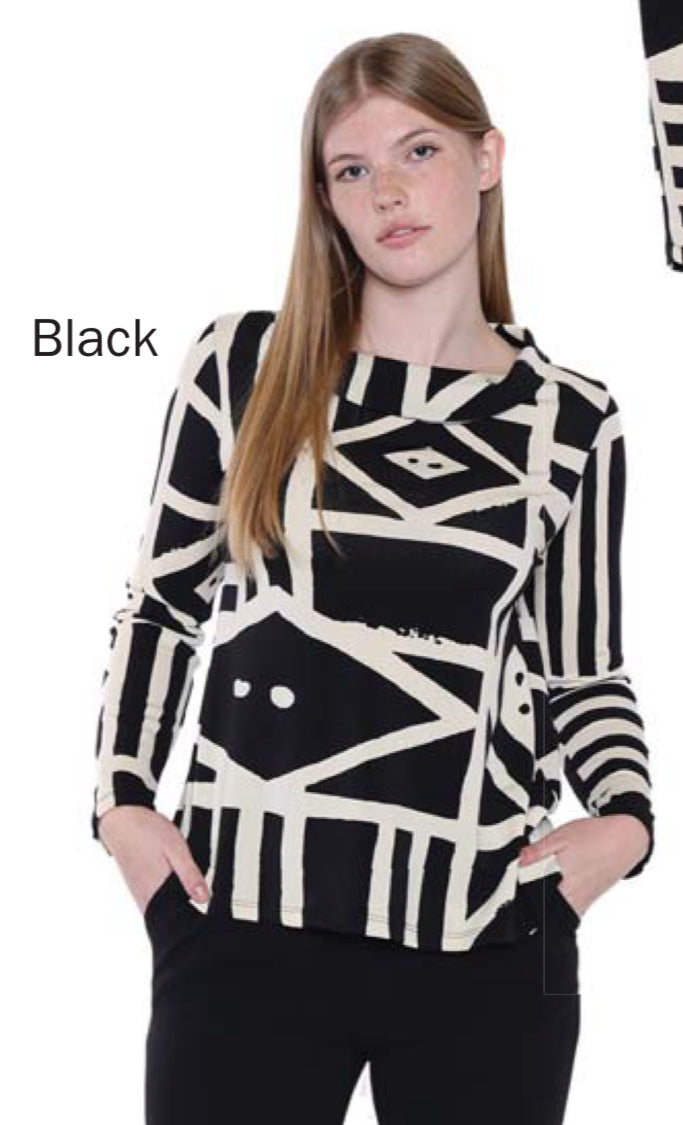 Ivory & Black Patterned Long Sleeve Blouse