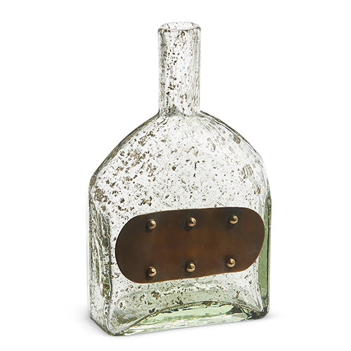 9” Vintage Bottle W/Metal Plate Tag Vase