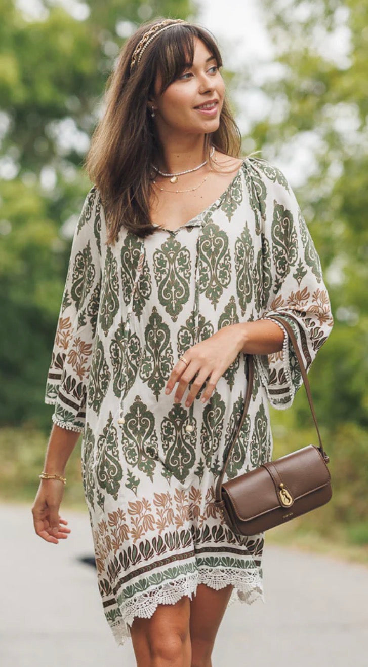Damask Border Print Off The Shoulder Dress