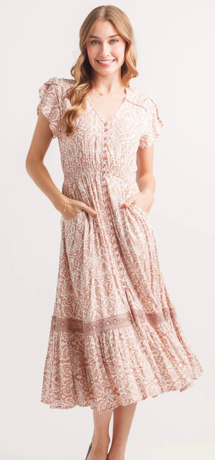 Damask Short Sleeve Midi Dress