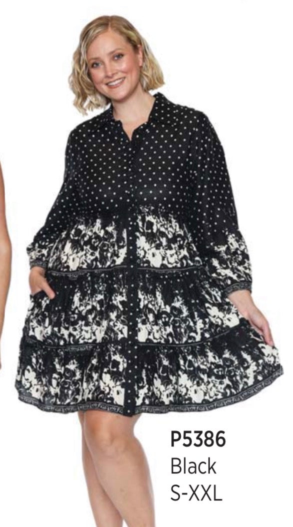 Long Sleeve Printed Tiered Dress