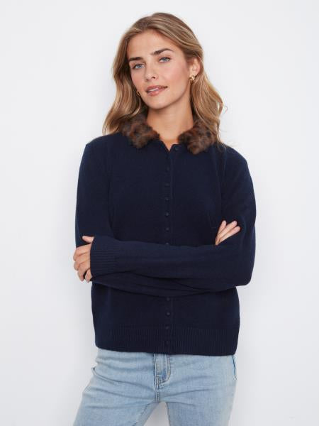 Plush Button Up Cardigan W/Faux Fur Removable Collar