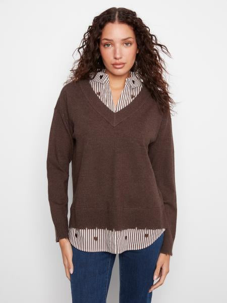 Long Sleeve VNeck W/Embroidered Collar