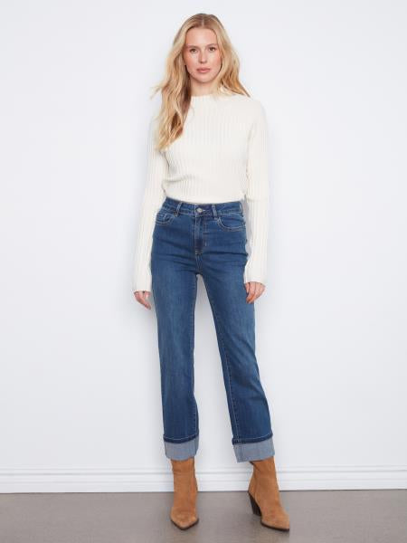 Cuffed Straight Leg Pant W/Leopard Trim Hem