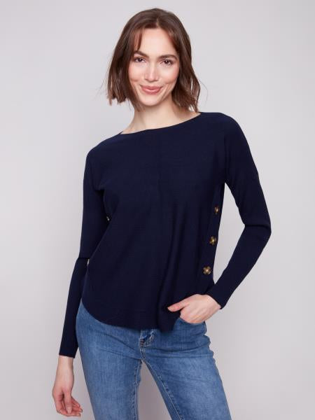 Boat Neck Sweater W/Side Buttons