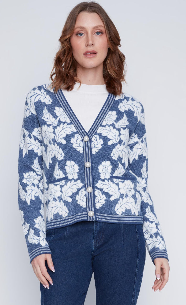 Blue Flower Pearl Button Cardigan