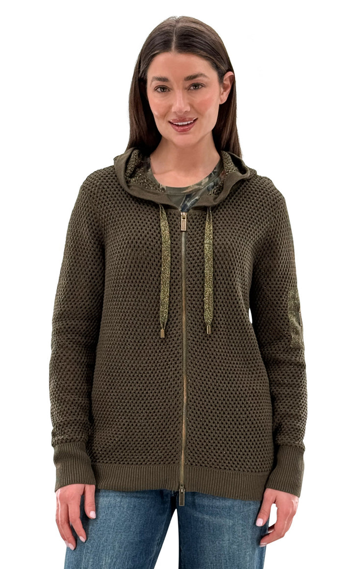 Knit Hooded Zip Up Top W/Gold Flake Detail