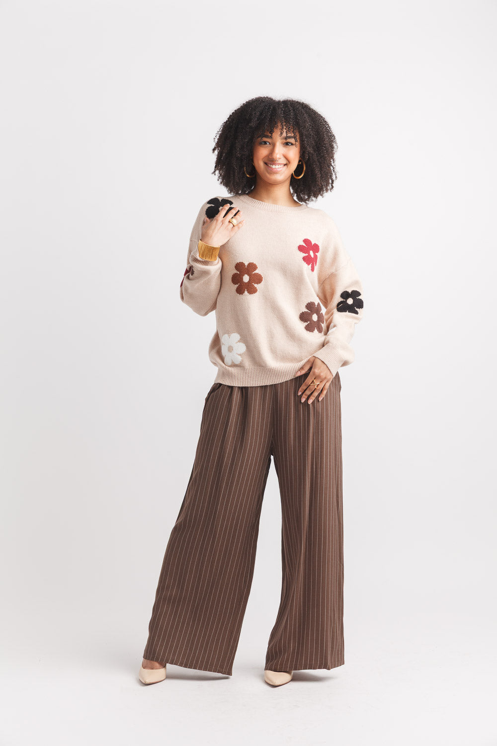 Daisy Knit Sweater W/Rib Trim