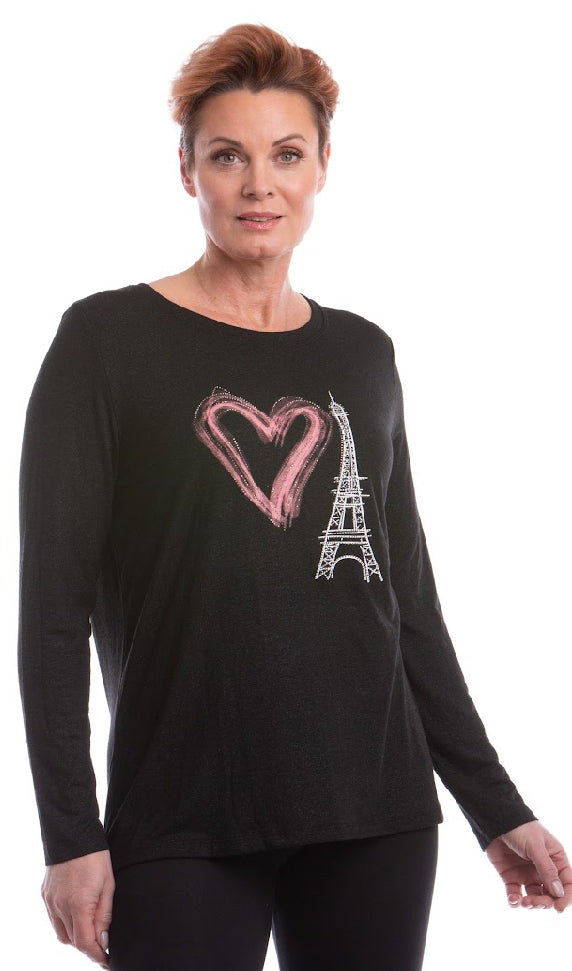 Long Sleeve Top W/heart & Eiffel Tower