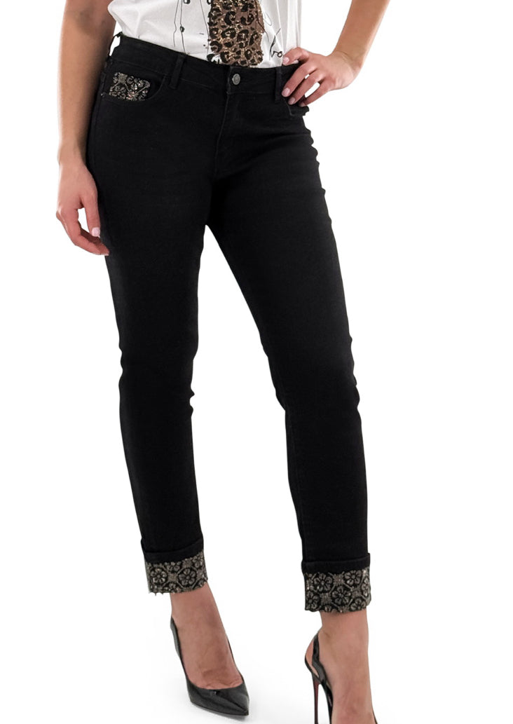 Black Bedazzled Detail Denim Pant