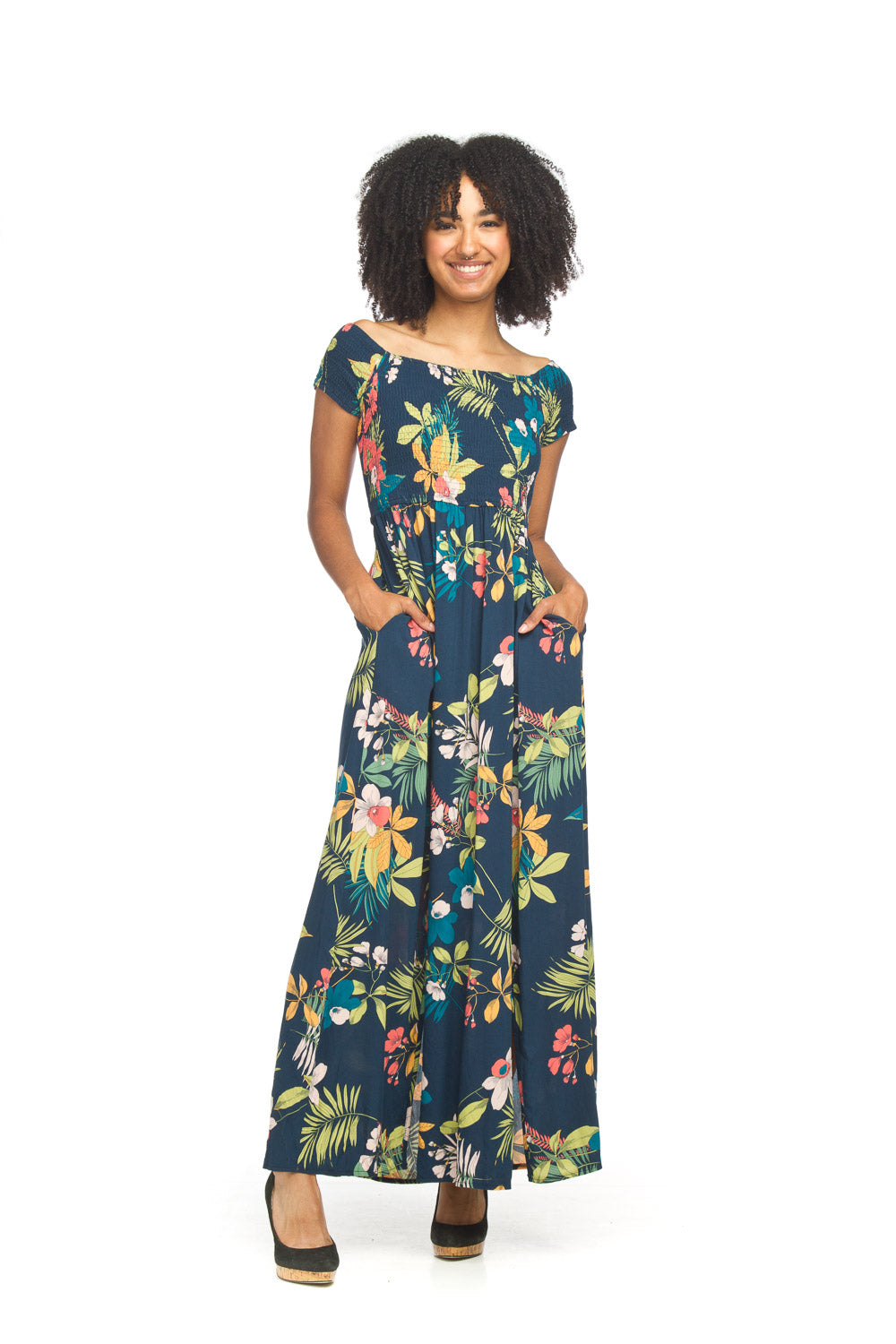 Tropical Floral Smocked Maxi Dress