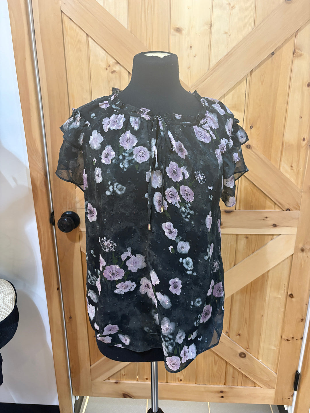 Short Sleeve Flower Blouse W/Tie