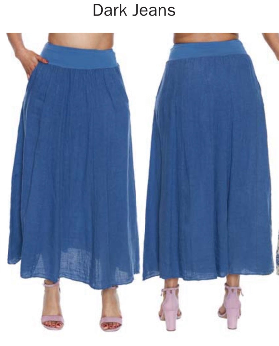 Linen Denim Skirt W/Pockets