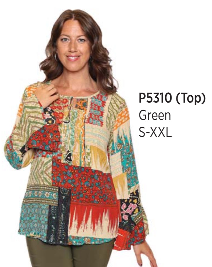 Green & Multi Color Long Sleeve Blouse