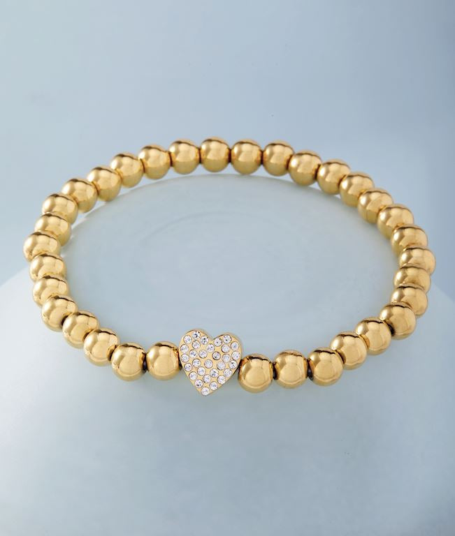 Gold Bead Heart Charm Bracelet