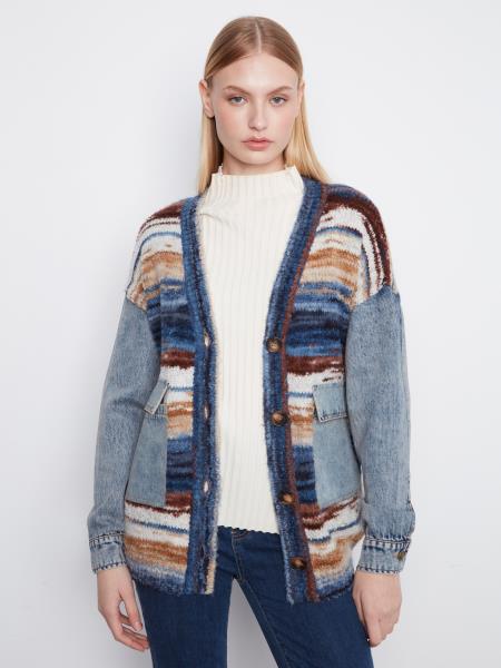 Space Dye Yarn Cardigan W/Denim Combo