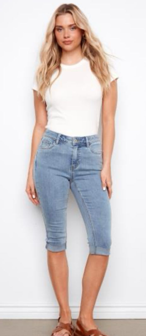 Stretch Denim Capri W/Cuffed Hem