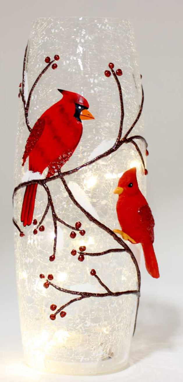 LED Berry & Cardinal Glass Lantern