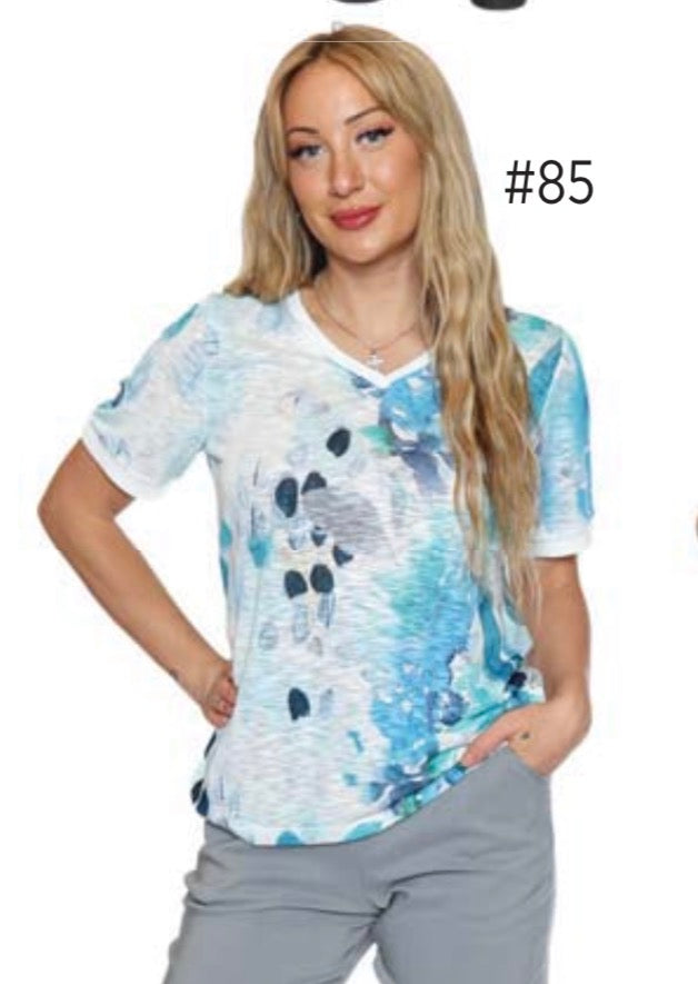 Blue Patterned VNeck TShirt