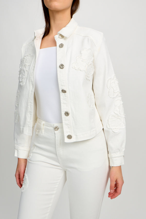 White Floral Pattern Jean Jacket