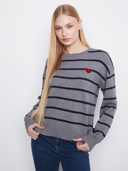 Plush Long Sleeve Crew Neck W/Heart Embroidery