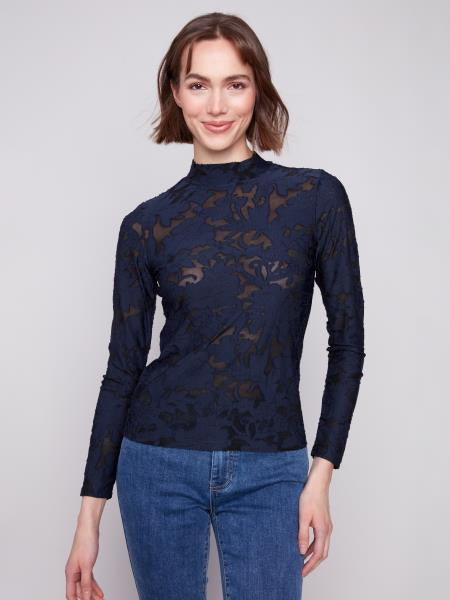 Burnout Mesh Mock Neck Top
