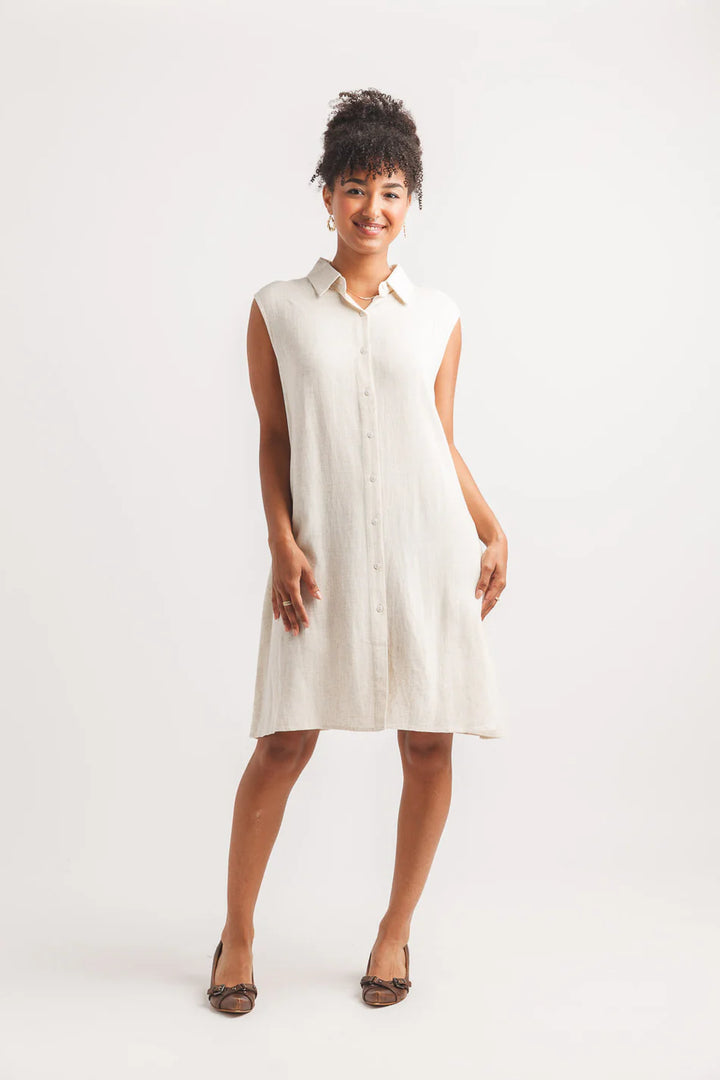 Linen Blend Collared Sleeveless Dress