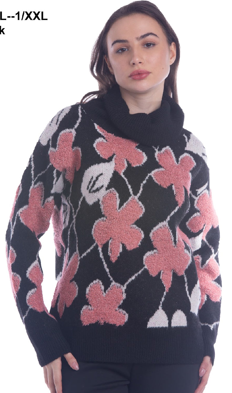 Black & Pink Floral Knit Turtle Neck Sweater