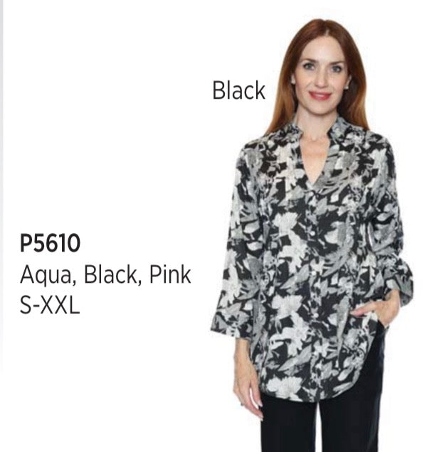 Long Sleeve Collared Patterned Blouse