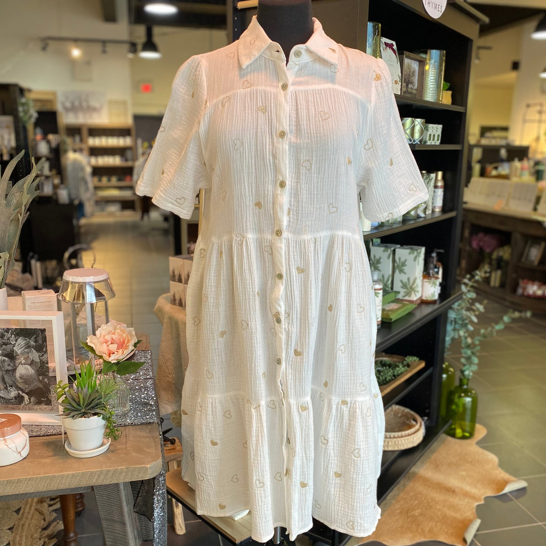 Embroidered Heart Button Up Collared Dress