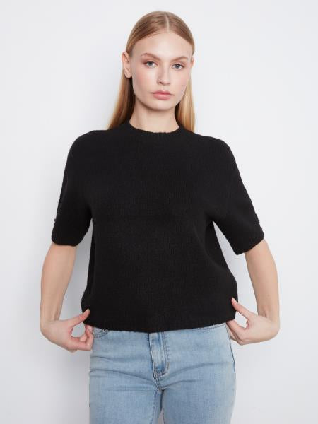 Elbow Sleeve Mock Neck Sweater W/Button Detail On Cuff